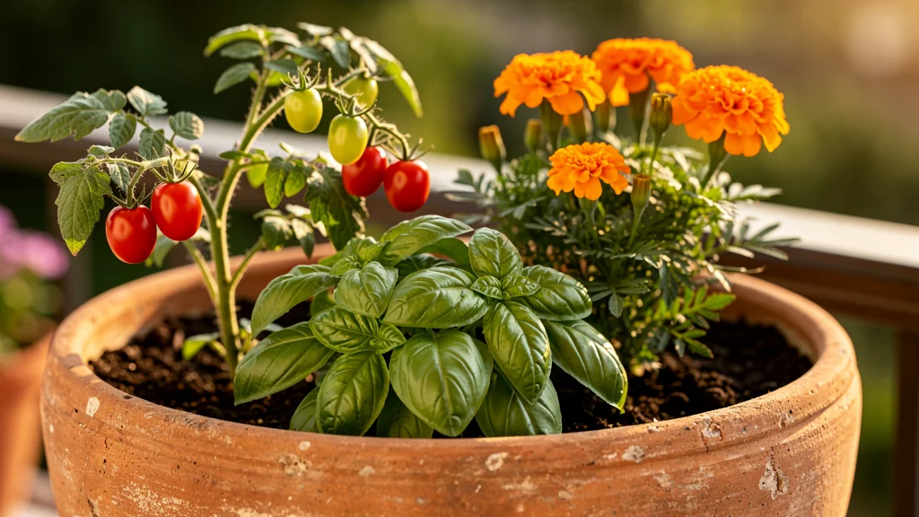 Tomate cherry, albahaca y tagetes creciendo juntos en la misma maceta, ejemplo clásico de asociación de cultivos