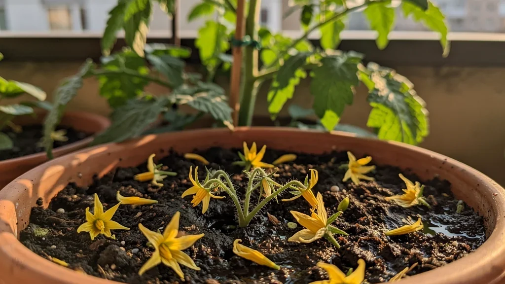 Flores amarillas de tomate caídas sobre el sustrato de una maceta en terraza