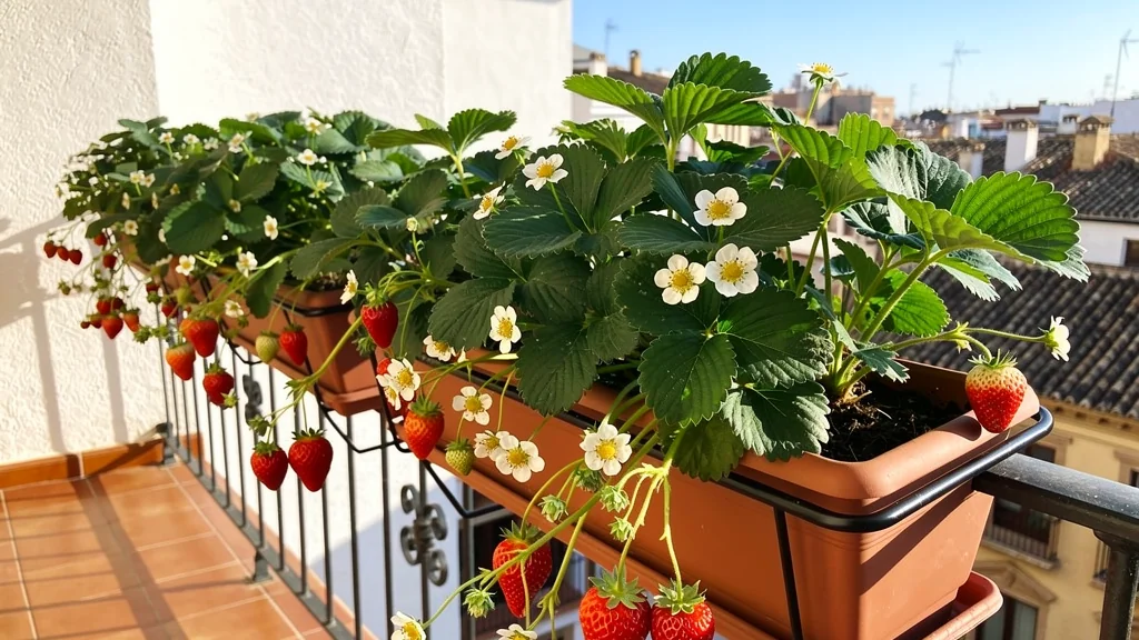 Plantas de fresas con frutos rojos creciendo en macetas colgantes en un balcón
