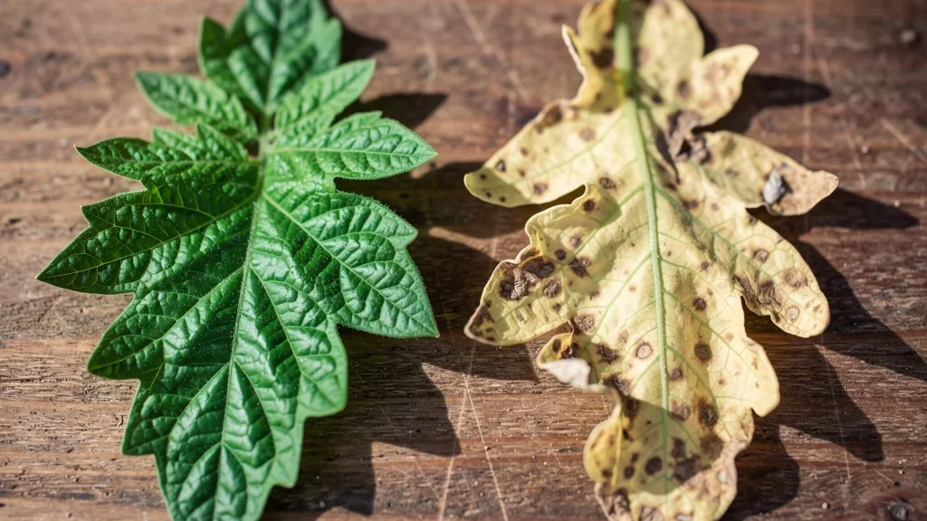 Comparación de hojas verdes sanas y hojas amarillentas en planta de tomate en maceta