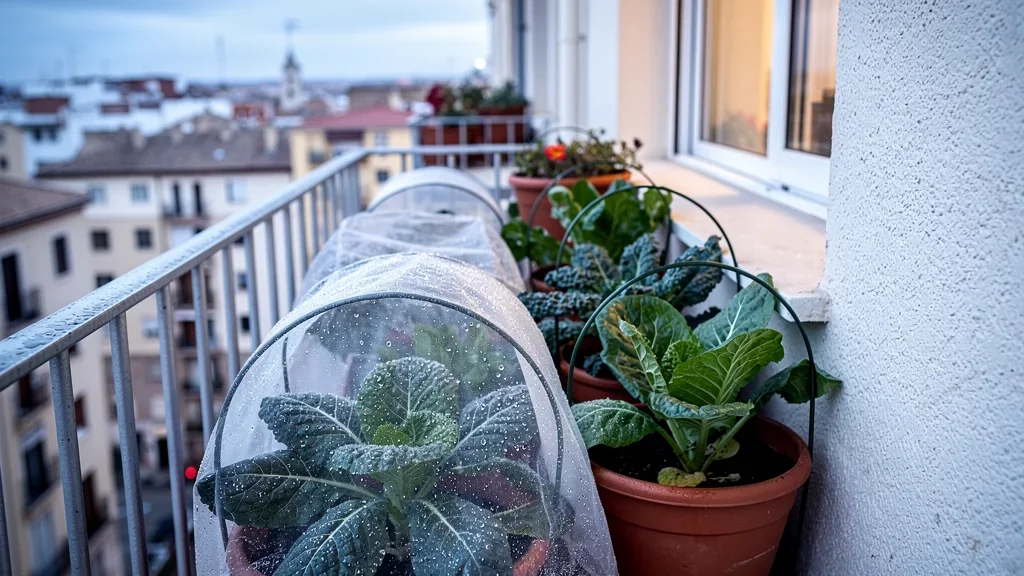 Macetas de invierno protegidas con tela antiheladas en un balcón urbano