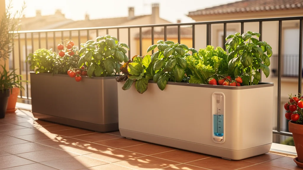 Jardineras de autorriego con lechugas, fresas y aromáticas en un balcón urbano soleado