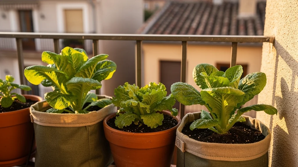 Lechugas verdes creciendo en macetas en un balcón urbano soleado