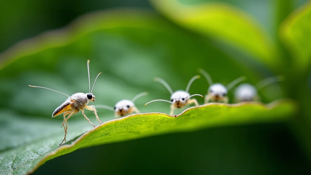 Planta de huerto urbano con hojas afectadas por mosca blanca y melaza brillante