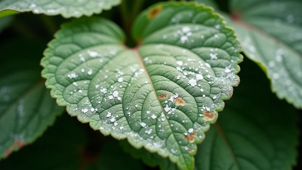 Hojas de planta de huerto con manchas blancas de oídio y zonas amarillentas