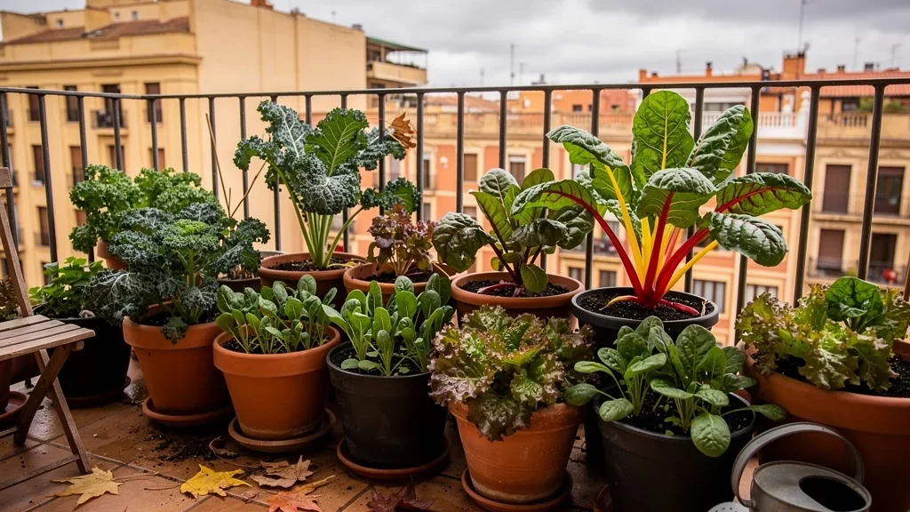 Huerto urbano de noviembre con cultivos de invierno en macetas