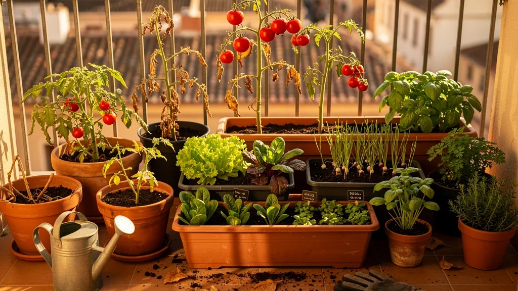 Huerto urbano de septiembre con macetas de hojas verdes y semilleros de otoño